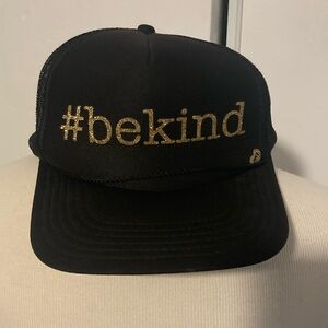 Be kind #bekind positive vibes trucker hat with gold glitter sparkle font NWOT